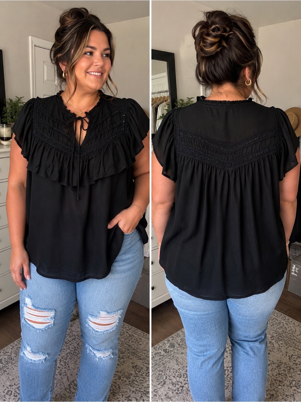 Jessica Simpson Black Ruffle Lace Trim Blouse 1X Boho Peasant Top